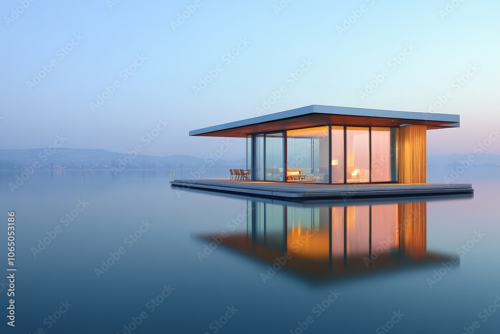 Poster modern minimalist floating home on calm blue waters reflecting the serene sky. the elegant, simple l