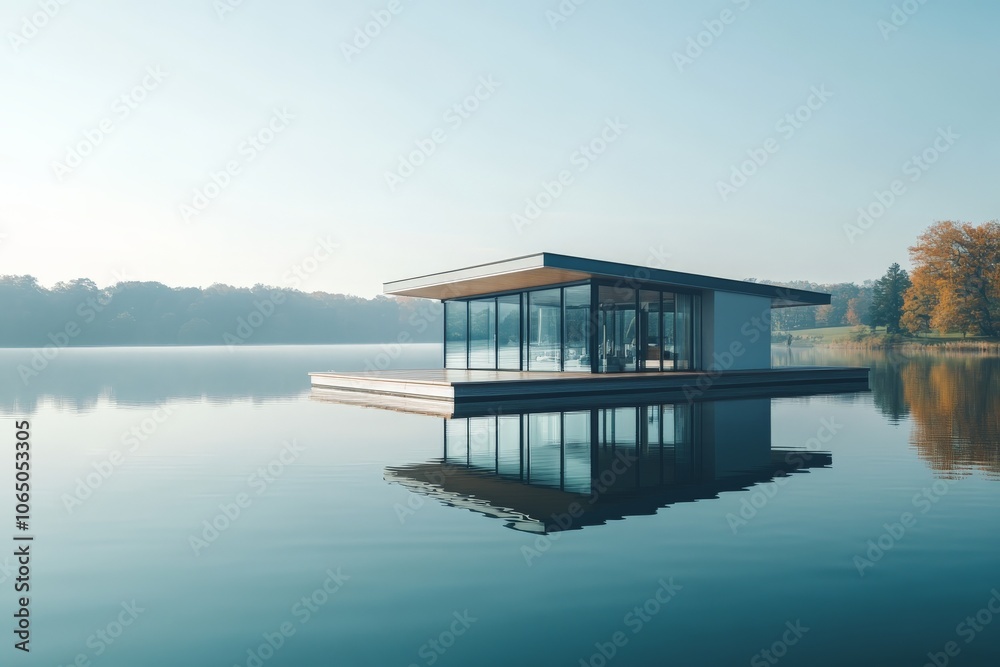 Poster A modern glass house with clean lines floats atop a tranquil lake, reflecting its elegant form on a still morning. Surrounded by lush trees, it exudes serenity and calm.