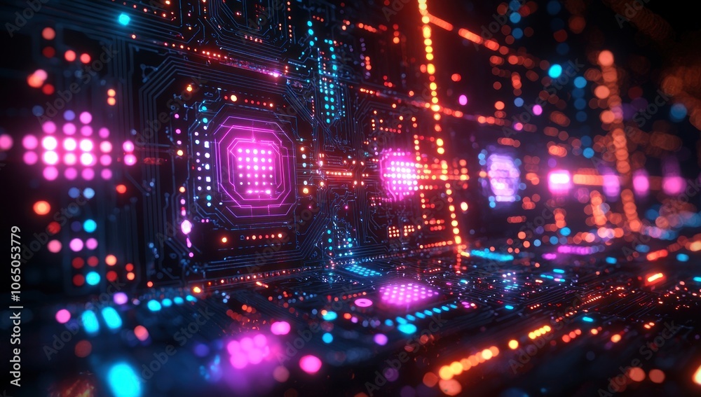 Aufkleber abstract neon lights on a circuit board pattern