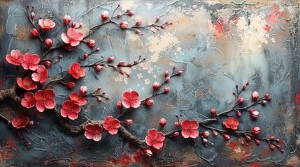 A textured artwork featuring blooming cherry blossoms against a muted background.