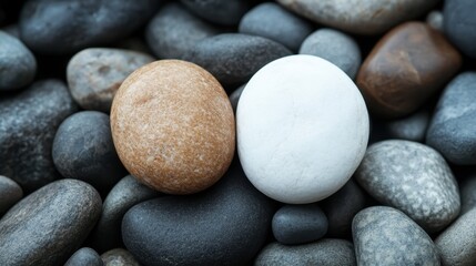 An artistic arrangement of various smooth, natural stones placed close together, showcasing their diverse textures and colors in a calming and balanced composition.