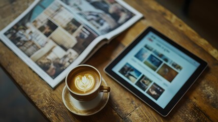 Coffee Cup and Tablet on Wooden Table, wood, magazine, digital, beverage