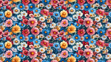 Colorful floral seamless pattern featuring watercolor bouquets of summer asters perfect for fabric design or home decor