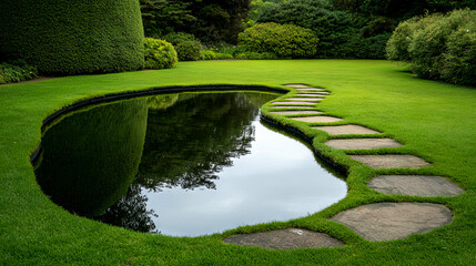 A tranquil garden scene featuring a pond with stepping stones, surrounded by lush greenery and perfectly manicured grass.