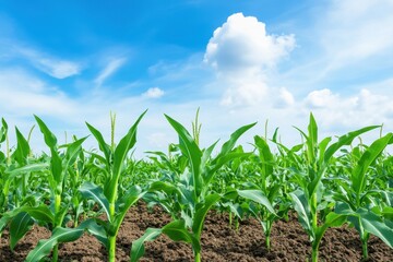 Obraz premium A field of young corn plants growing in soil under a bright blue sky, symbolizing agriculture, growth, and sustainability.