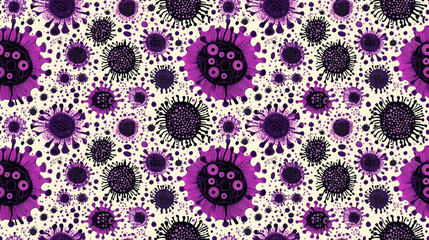 Seamless monochrome pattern featuring vaccine viruses cancer genes and bacteriophages with violet circles ideal for educational materials and health related designs