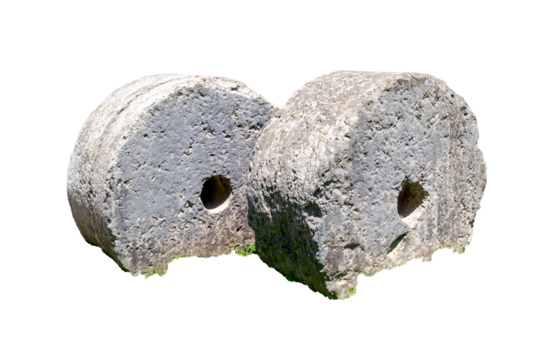 Photograph of two water mill stone wheels isolated on transparent background