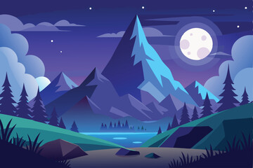 Naklejka premium Night Landscape With Mountain And Moon Vector Art Illustration 