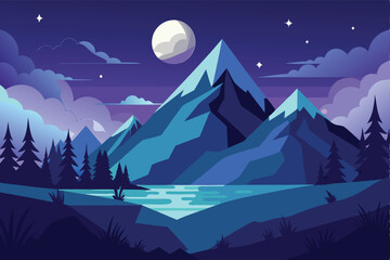 Fototapeta premium Night Landscape With Mountain And Moon Vector Art Illustration 