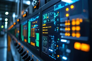 Naklejka premium Close-up View of a Row of Industrial Control Panels with Illuminated Displays