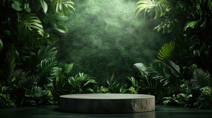 A circular stone platform is enveloped by vivid greenery, creating a sense of harmony and tranquility within the lush tropical environment.