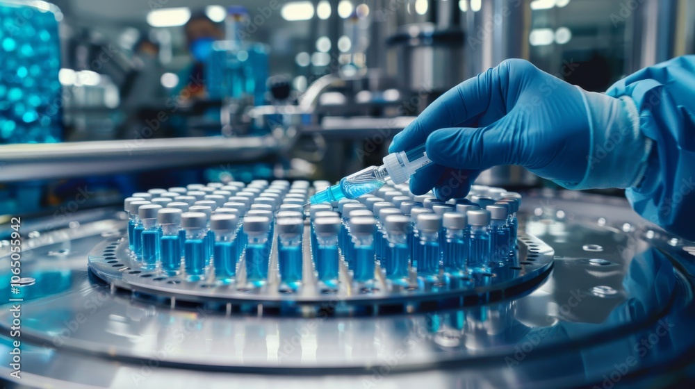 Aufkleber A scientist in a hightech lab is shown handling vaccine vials with precision. Illustrates the essence of scientific research and the use of specialized equipment in pharmaceutical development
