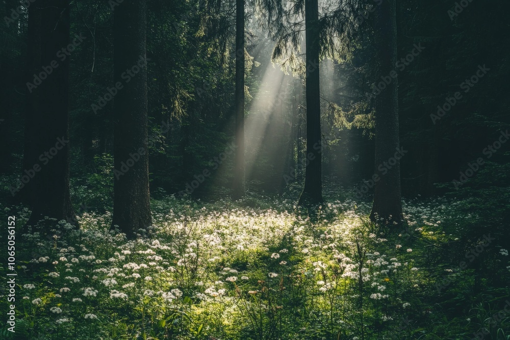Poster Rays of sunlight break through the formidable tree trunks, shrouding the open forest clearing in luminescent beauty, illustrating nature's awe-inspiring play of light and shadow.