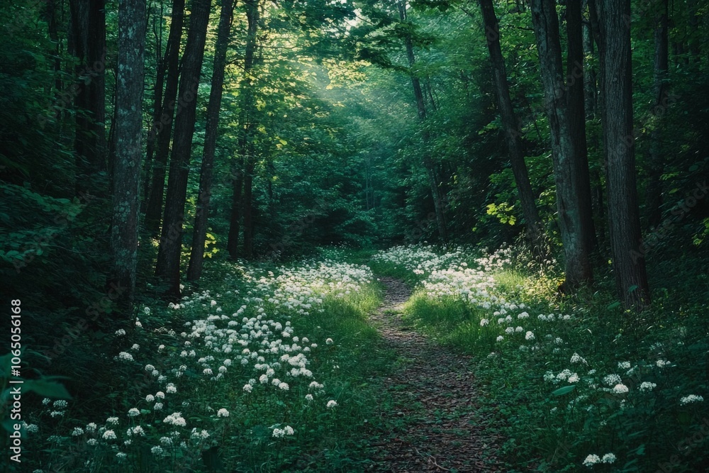 Poster a tranquil forest path lined with delicate white flowers, under a canopy of tall trees with beams of