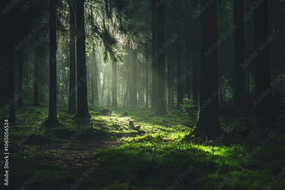 Poster A dramatic forest scene with dense, towering trees and striking rays of sunlight filtering through, highlighting the vivid green canopy and creating an aura of mystery.