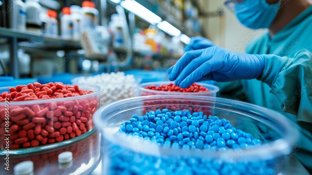 Poster in a pharmaceutical laboratory, hands clad in gloves are organizing red, blue, and white pills. neat