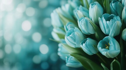 A beautiful arrangement of light blue tulips is captured in exquisite detail, highlighted by the calming, soft bokeh background to create a dreamy atmosphere.