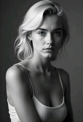 Naklejka premium A close-up black and white portrait of a young, medium-skinned woman with long, wavy blonde hair. She has a serious, pensive expression on her face and appears to be in her mid-to late 20s.