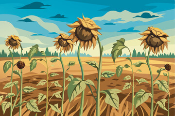 Obraz premium Illustration shows a field of drying sunflowers under a melancholic sky. With wilted petals and faded leaves, the scene exudes a rustic, golden aura.