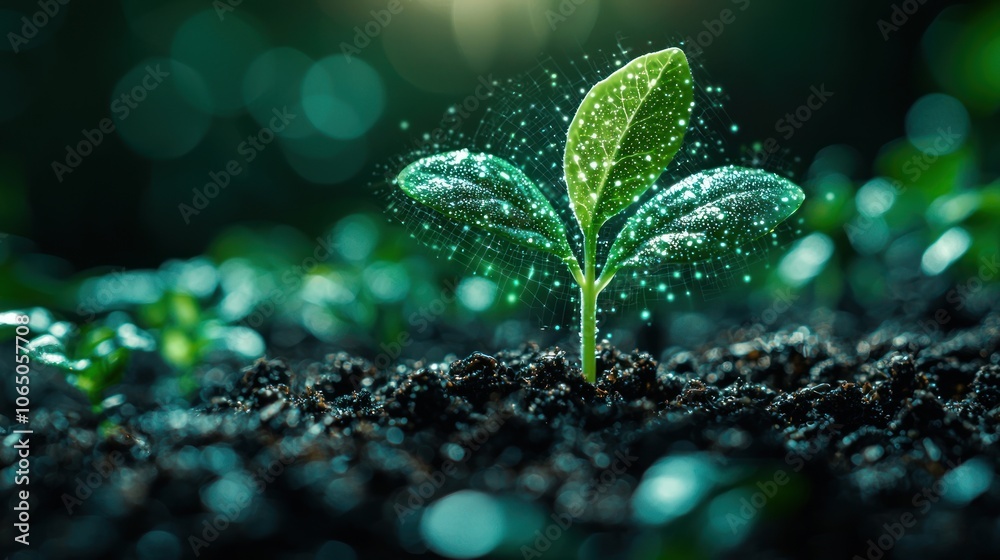 Poster A Sprout Growing in Soil with a Glittering Web-like Structure Around It