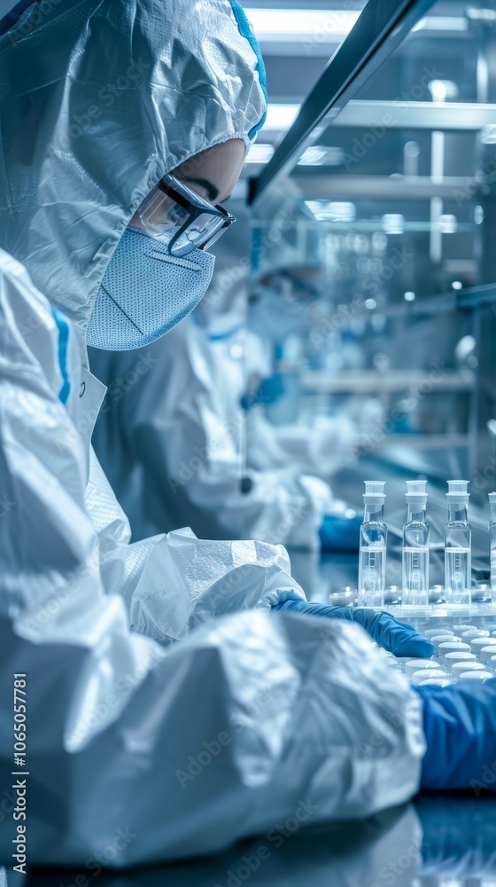 Poster dressed in protective gear, scientists work in a hightech lab conducting precise and innovative expe