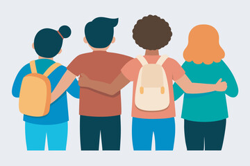 Fototapeta premium Illustration shows four diverse friends united with backpacks, hinting at school setting. Simple, colorful style conveys positive, friendly atmosphere among group.