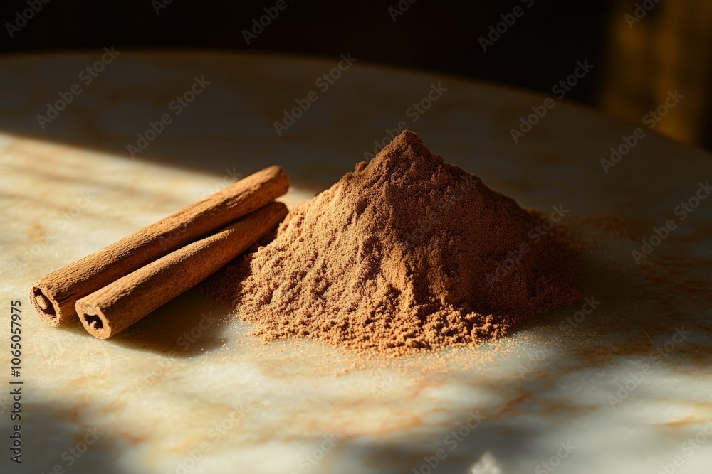 Poster A neat pile of cinnamon powder accompanied by two cinnamon sticks placed on a smooth marble surface, casting elegant shadows in warm natural light.