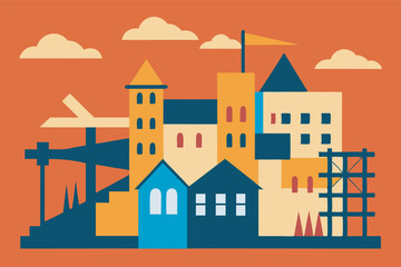 Obraz premium Digital illustration of a colorful village with geometric buildings, power station, flagpoles, and white clouds. Abstract, imaginative feel. Orange background and white frame.