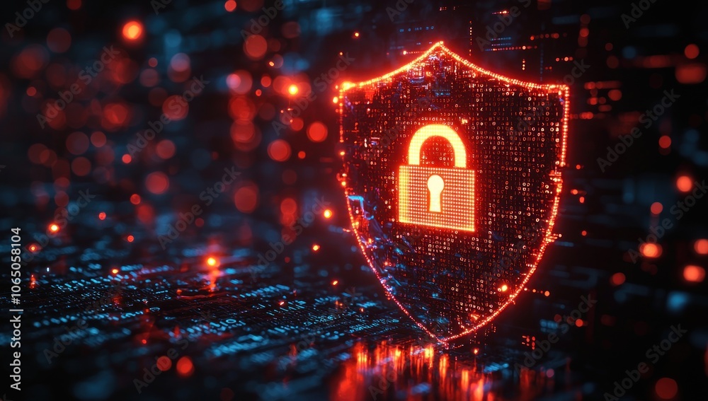 Poster digital security shield with glowing lock