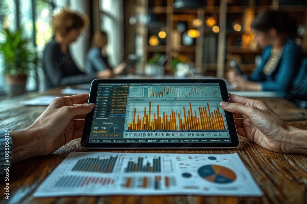 Leinwandbilder Close-up of Hands Analyzing Data on a Tablet and Paper Graphs