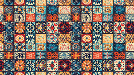 Fototapeta premium Vibrant seamless pattern of ceramic tile designs featuring colorful Indian style patchwork ideal for wallpaper and home decor applications