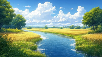 Naklejka premium Summer countryside outdoor rice field creek river pastoral scenery illustration