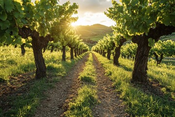 Obraz premium Rows of grapevines in a sunlit vineyard. Generative AI