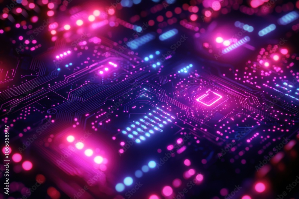 Aufkleber close-up of a circuit board with a folder icon glowing in pink and blue light
