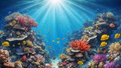 Obraz premium Vibrant coral reef with tropical fish in sunlight underwater