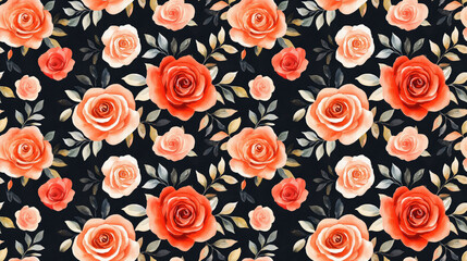 Watercolor rose flower seamless pattern on a black background elegant design for textiles and wallpapers
