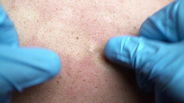 Cosmetologist removes large comedones on the patient's skin, blackhead removal procedure, close-up video