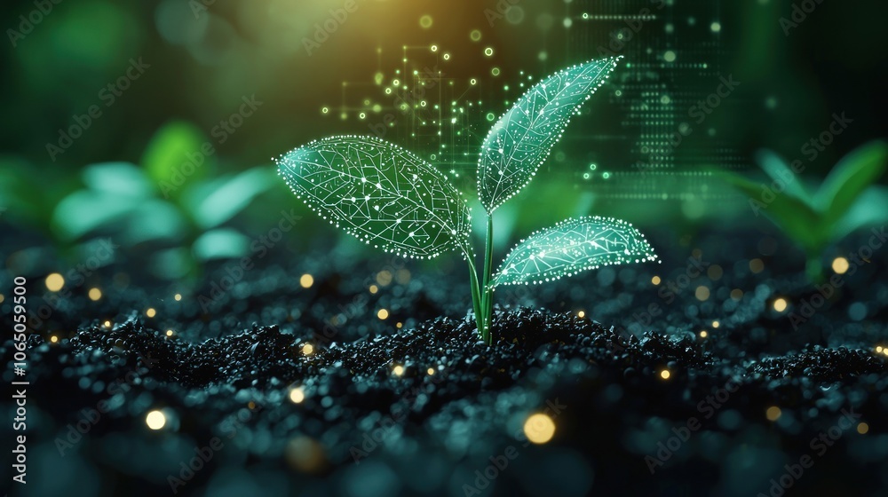 Poster a glowing digital network overlaid on a green sprout emerging from dark soil.
