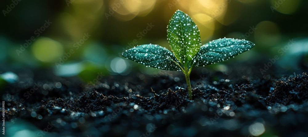 Poster a small sapling with dew drops on its leaves growing from dark soil