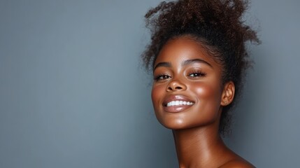 A captivating portrait of an individual with a radiant and confident smile, showcasing beauty and positivity, set against a simple and clean background.