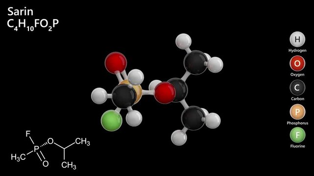 Sarin. Chemical weapon. Animated 3D model of a molecule. Molecular formula: C4H10FO2P. Chemical model: Ball and stick. Black background. 3D rendering. Seamless loop.