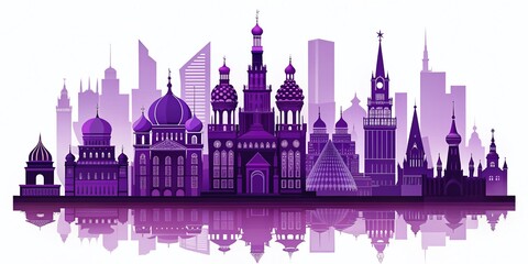 Abstract Purple Silhouette of Moscow on White Background - Modern Art, Urban Aesthetics, Minimalist Design, Architectural Features, Contemporary Illustration, Digital Art, Abstract Concepts