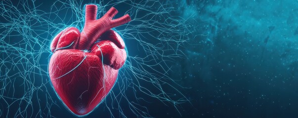 A detailed illustration of a human heart surrounded by vibrant, glowing lines, symbolizing vitality and life.