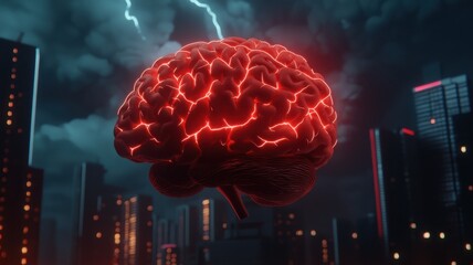 A glowing, red brain hovers above a futuristic cityscape, illuminated by lightning, creating a dramatic and surreal atmosphere.
