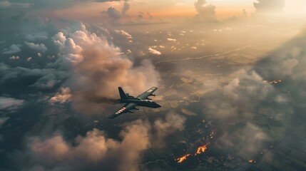 Naklejka premium Aerial view of military aircraft releasing bombs on distant target, smoke and fire erupting from ground, intense action amidst cloudy sky.