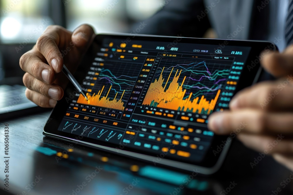 Poster Close-up of Hands Analyzing Stock Market Data on a Tablet