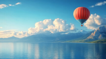 Fototapeta premium A hot air balloon flying over a lake
