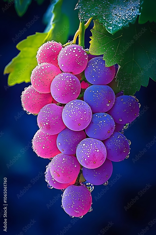 Poster vibrant bunch of fresh grapes with morning dew in a lush vineyard setting : generative ai