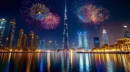 Obraz premium A vibrant fireworks display illuminates the night sky over the iconic Dubai skyline.