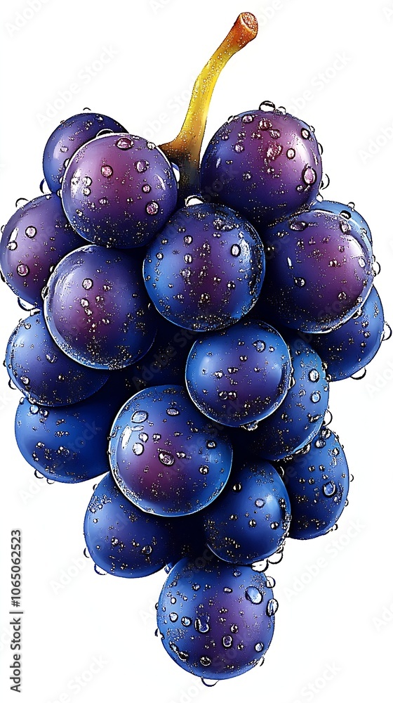 Poster fresh purple grapes with dew drops closeup on white background : generative ai